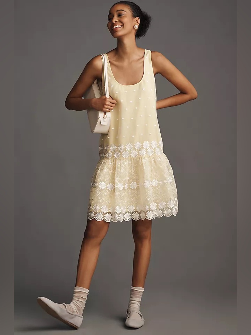Anthropologie Maeve Sleeveless Scoop-Neck Daisy Border Drop-Waist Mini Dress
